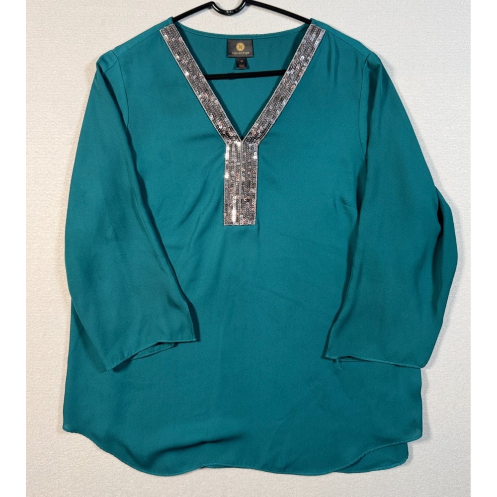 JM Collection Women's Sequined Y Neck Blouse - Green - Size 1x - Very Good